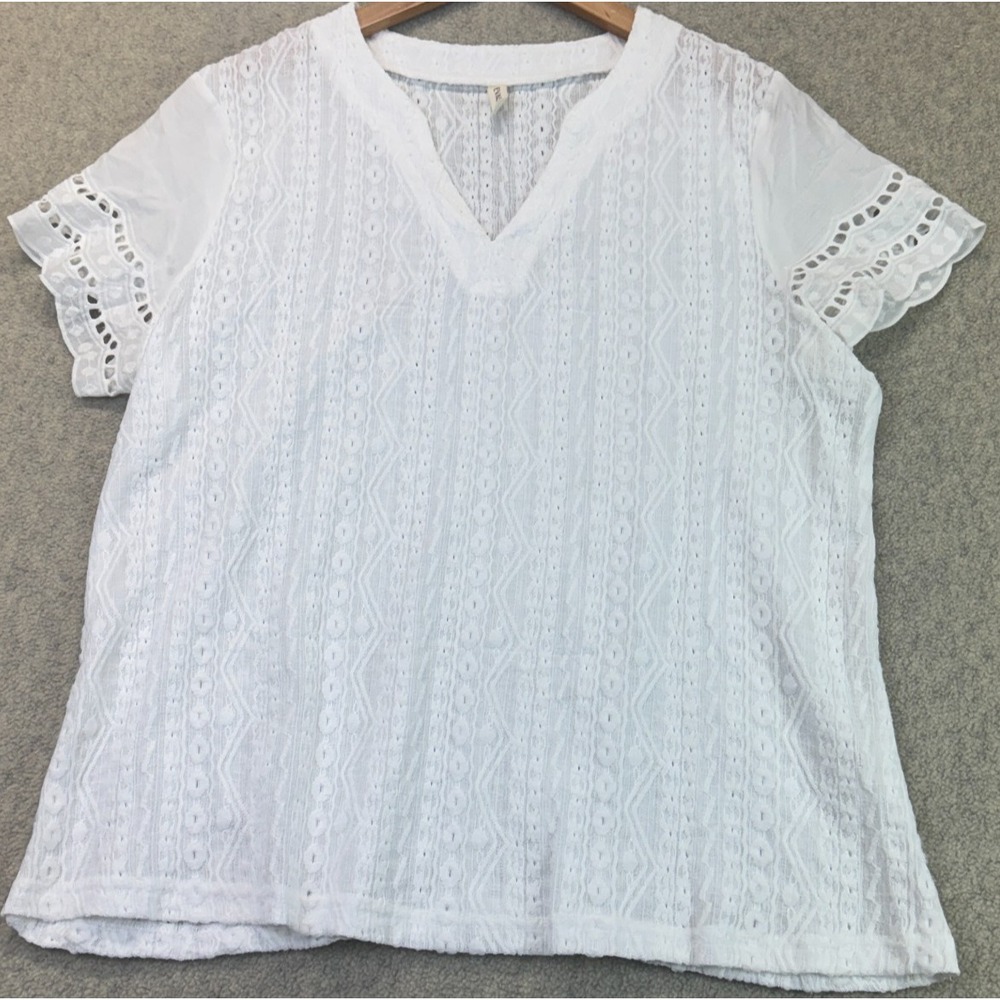 Evaless Womens Summer Tops White V-Neck Short Sleeve Lace Eyelet Boho Chic XL